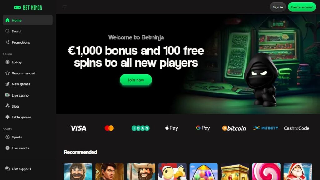 homepage van betninja casino belgie